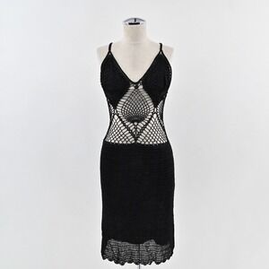 Vtg 90s Carabella Collection Sheer Crochet Dress Sz L Black Grunge Goth Festival